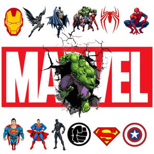 Peut inclure: Graphique avec le mot "MARVEL" en grandes lettres rouges et Hulk perçant le mur. Des illustrations de super-héros, dont Iron Man, Batman, Spider-Man et Superman, entourent le logo.