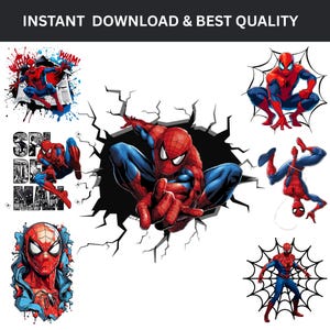 Könnte beinhalten: Eine Sammlung von Spider-Man-Illustrationen in verschiedenen Actionposen. Die Bilder zeigen den Superhelden in seinem ikonischen rot-blauen Anzug, mit Spinnennetz-Designs und Comic-Elementen. Der Text oben lautet "INSTANT DOWNLOAD & BEST QUALITY."
