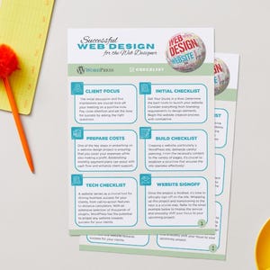 May include: A checklist titled "Successful Web Design for the Web Designer" with the WordPress logo. The checklist includes sections on client focus, initial checklist, preparing costs, building checklist, tech checklist, and website signoff. An orange pen and notepad are in the image.