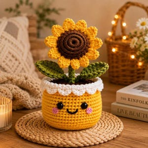 May include: A crocheted sunflower in a yellow pot with a smiling face. The sunflower has a dark brown center and bright yellow petals. The pot features a white scalloped rim, two black bead eyes, and small pink cheeks. Two green leaves are attached.