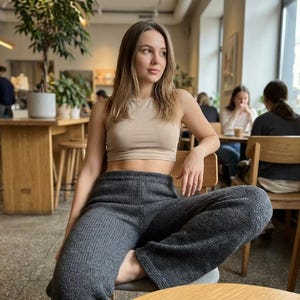 Patroon gebreide broek, broek met wijde pijpen, elastische taillebroek, eenvoudig gebreide broek