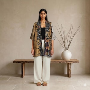 Luxury Hand-Embroidered Reversible Silk Coat - Blue and Golden Brown