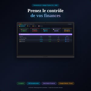 Può includere: Uno schermo di un laptop che mostra un dashboard finanziario con il testo "Prenez le contrôle de vos finances". L'interfaccia mostra entrate, spese, risparmi e altre metriche finanziarie. Il software si chiama Budget Tracker Pro.
