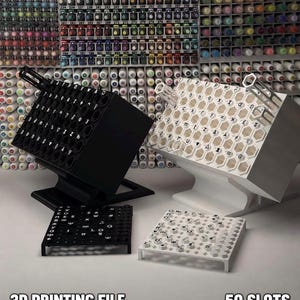 May include: Two angled 3D printed organisers with hexagonal slots for markers, one black and one white. Each features a matching flat grid insert with various symbols and letters. The text 3D PRINTING FILE and 50 SLOTS appears at the bottom.