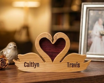 Personalized Padauk & Linden Swan Couple, 5th Anniversary Gift, Wood Decor