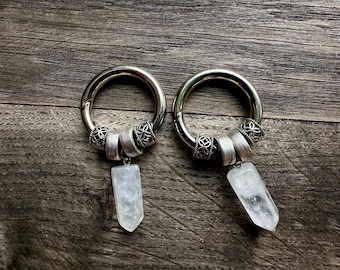 Orecchini pendenti in quarzo trasparente naturale, pesi per orecchie in quarzo trasparente, cerchi per orecchini in argento, orecchini di cristallo per lobi dilatati, quarzo cristallino grezzo