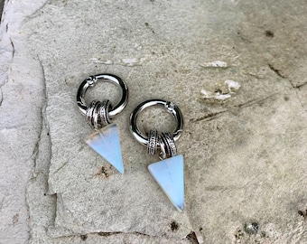 White Opal Dangle Ear Weights: 6g Stretched Ear Hoops
