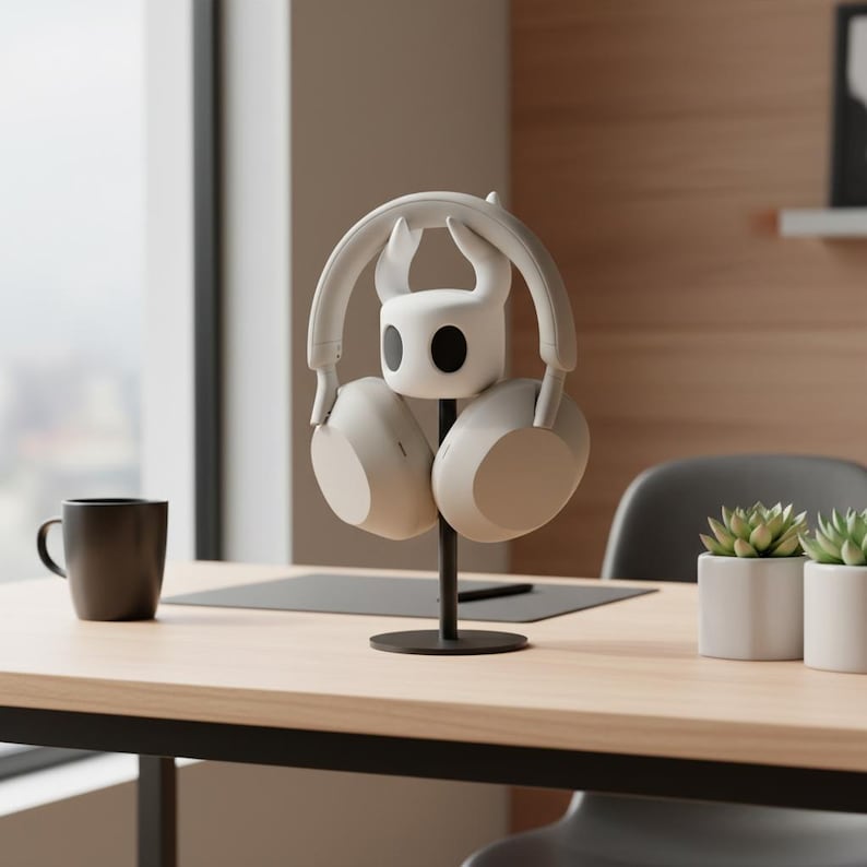 May include: A white headset rests on a black stand shaped like a character from the video game Hollow Knight. The stand is on a wooden desk, with a black mug and small potted plants in the background.
