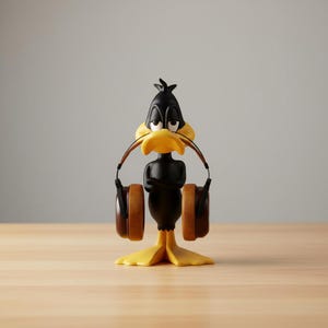 May include: A Daffy Duck figurine with a black body, yellow beak and feet, and a brown and tan headset. The figurine is standing on a wooden surface against a gray background.