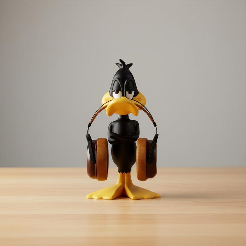 May include: A Daffy Duck figurine with a black body, yellow beak and feet, and a brown and tan headset. The figurine is standing on a wooden surface against a gray background.