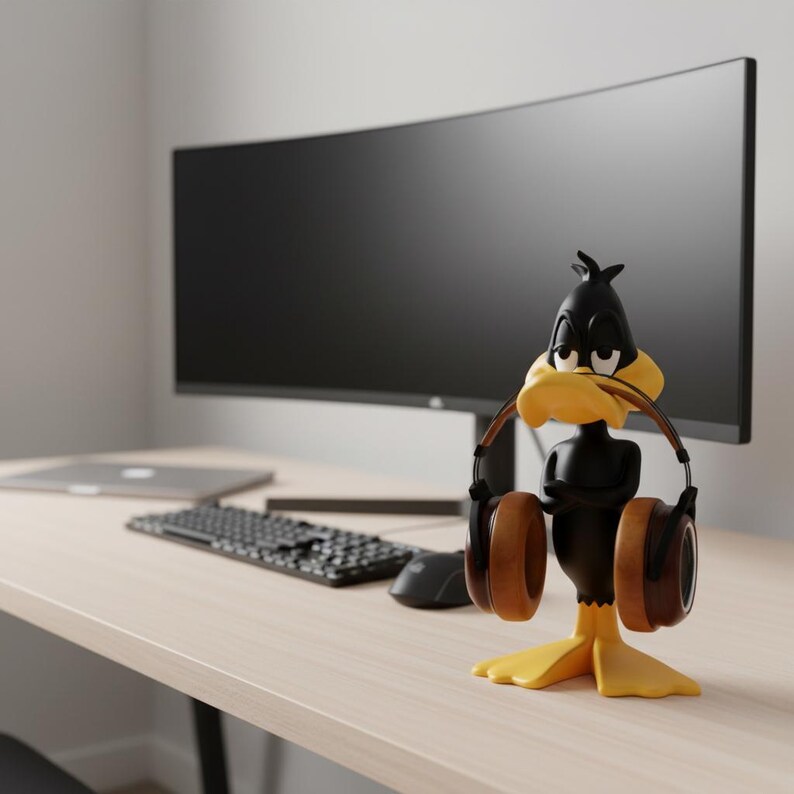 May include: A black Daffy Duck headphone stand with a yellow beak and feet, holding brown headphones. The stand is on a light wood desk, with a computer monitor, keyboard, and mouse in the background.