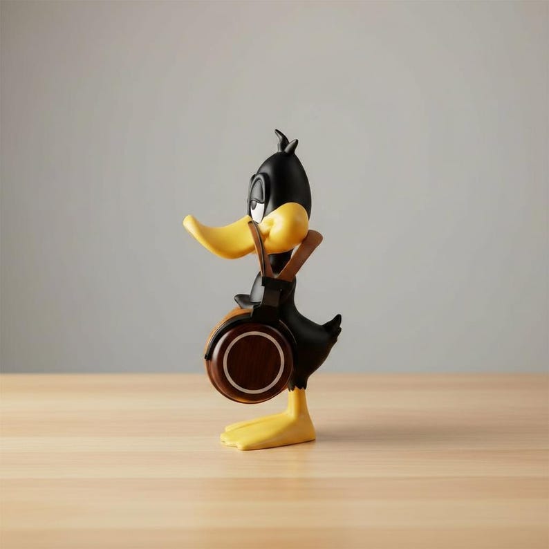May include: A black Daffy Duck figurine with a yellow beak and feet, wearing brown headphones. The figurine is standing on a light brown surface against a gray background. The headphones have a brown and white circular design.