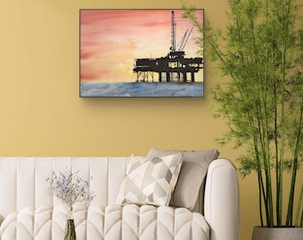 Pintura original en acuarela, silueta de plataforma petrolífera al atardecer, lámina artística de paisaje marino industrial.