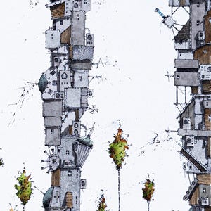Può includere: Un'illustrazione dettagliata a inchiostro e acquerello che raffigura due imponenti strutture verticali composte da edifici grigi irregolari sovrapposti e componenti meccanici, intervallate da piccoli alberi sottili con fogliame verde e arancione.