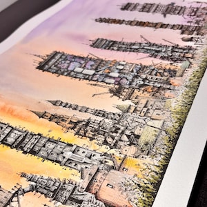 May include: A detailed ink and watercolour illustration on paper depicting a dense, vertical cityscape with tall, complex towers and intricate architectural structures. The scene features a warm sunset gradient background transitioning from orange to purple.
