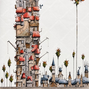 May include: A detailed ink and watercolor illustration depicting a towering, multi-story structure densely packed with small buildings featuring red roofs, alongside a row of smaller houses with blue roofs and tall, thin trees with autumn foliage.