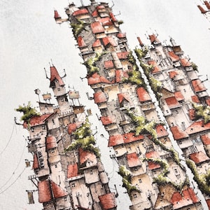 Puede incluir: Una ilustración detallada a tinta y acuarela que representa tres estructuras verticales altas y estrechas que parecen edificios apilados con techos de tejas rojas, paredes de piedra gris y parches de vegetación verde en los costados.