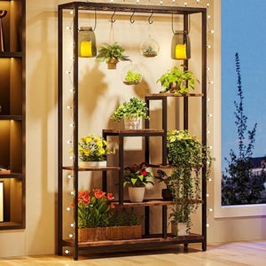 Multi-Tier Metal Wood Plant Stand with Hanging Hooks – Indoor Garden Display Shelf