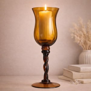 Vintage Empoli Amber Glass Pedestal Candle Holder | Twisted Stem Italian Art Glass Vase