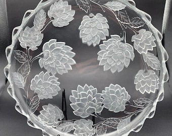 Vintage Crystal Clear Studios Chrysanthemum Platter | Frosted Floral Glass Serving Tray