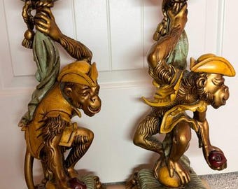 High End Theodore Alexander Extra Large Pair of Whimsical Pirate Monkey Candle Holders in Resin and Brass