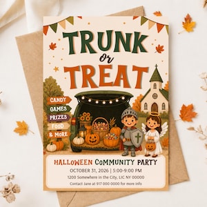 May include: A Trunk or Treat Halloween community party invitation card featuring a car trunk filled with pumpkins, a knight, and an angel. Text includes Trunk or Treat, Candy, Games, Prizes, Food & More, Halloween Community Party, October 31, 2026.