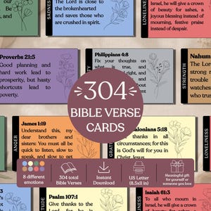 May include: A collection of 304 Bible verse cards in various pastel colors including green, blue, pink, orange, purple, and yellow. Each rectangular card features a specific scripture reference, text, and a delicate line-art floral illustration.