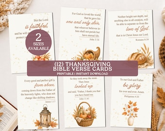 May include: A set of twelve printable Thanksgiving Bible verse cards featuring watercolor illustrations of pumpkins, cornucopias, lanterns, and autumn leaves. Each card displays religious text in brown and black font on a cream background.