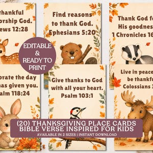 May include: A set of six rectangular cards featuring autumn-themed illustrations of a deer, beaver, badger, rabbit, woodpecker, and moose. Each card displays a Bible verse and colorful fall leaves. Text includes EDITABLE & READY TO PRINT.