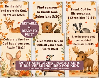 May include: A set of six rectangular cards featuring autumn-themed illustrations of a deer, beaver, badger, rabbit, woodpecker, and moose. Each card displays a Bible verse and colorful fall leaves. Text includes EDITABLE & READY TO PRINT.