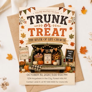 May include: A Trunk or Treat invitation card for The River of Life Church on 30 October 2028. The design features a green truck with pumpkins, sunflowers, and a sign reading Jesus is Love. Text includes event details, location, and contact info.