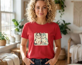 Camiseta con estampado de pareja de gatos / Ilustración cariñosa dibujada a mano, camiseta de algodón suave