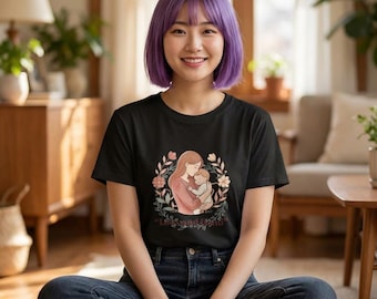 Camiseta con ilustración de madre y bebé / Amor y vínculo, abrazo floral