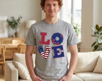 Camiseta gráfica LOVE patriótica, camiseta con chanclas y bandera americana de donut