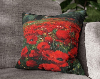 Red Poppy Field Pillowcase | Floral Impressionist Canvas Accent