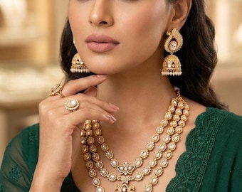 Luxury Kundan Polki Necklace Set with Green Beads | Bridal Indian Jewelry Set | Wedding Necklace | Jhumka Earrings | Pakistani Bridal Set