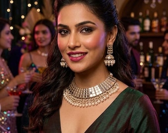 Elegante conjunto de collar Kundan con espejo y perlas colgantes / Joyería nupcial tradicional india / Gargantilla llamativa con pendientes a juego