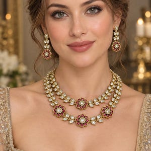 Ruby Pink Kundan Style Necklace Set, Gold Tone Bridal Jewelry, Floral CZ Necklace Earrings