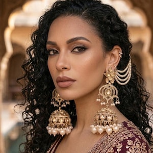 May include: A woman with dark curly hair and brown eyes wears elaborate gold earrings with pearl accents. The earrings feature a floral design and multiple dangling strands. She is wearing a maroon and gold embroidered top.