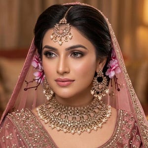 May include: A woman wearing a gold-toned bridal jewelry set, including a necklace, earrings, and a headpiece. The jewelry is adorned with pearls and intricate designs. She is wearing a pink veil and a matching embroidered top. Pink flowers are placed near her ear.