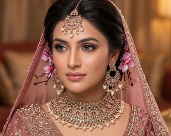 Polki Kundan Bridal NecklaceSet with Earrings & Maang Tikka,Traditional Indian Wedding Jewelry,Gold Tone Statement Choker,Pearl Drop Jewelry