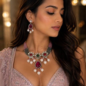 Moissanite Polki Beaded Choker Set | Ruby & Emerald Bridal Necklace with Earrings