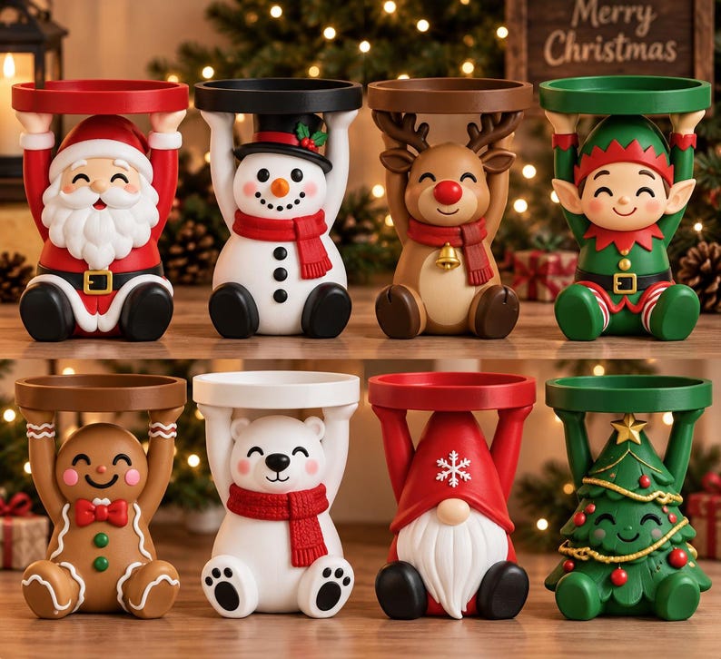 May include: A set of eight decorative Christmas-themed figurine stands, each featuring a character holding a circular platform above their head. Characters include Santa, a snowman, a reindeer, an elf, a gingerbread person, a polar bear, a gnome, and a tree.
