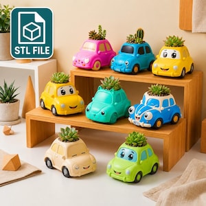 May include: A collection of colorful car-shaped planters, each holding a small succulent plant. The planters are in various colors, including pink, blue, yellow, green, and cream. The design includes smiling faces and cartoon-like features. The image also includes the text "STL FILE".