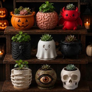 Halloween Planter STL Bundle of 9 | 3D Printable Succulent Pots |  Spooky Halloween Home Decor Gift