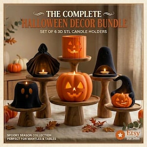Puede incluir: Un conjunto de seis portavelas de Halloween impresos en 3D con calabazas naranjas y figuras de fantasmas negras. El texto dice THE COMPLETE HALLOWEEN DECOR BUNDLE SET OF 6 3D STL CANDLE HOLDERS. Cada pieza contiene una pequeña vela encendida.