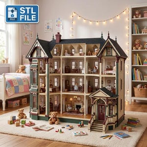 Puede incluir: Una casa de mu&ntilde;ecas grande de estilo victoriano de varios pisos con techo gris oscuro, revestimiento color crema y molduras verdes. La estructura incluye varias habitaciones con muebles en miniatura, ventanas y un porche delantero con escalones.