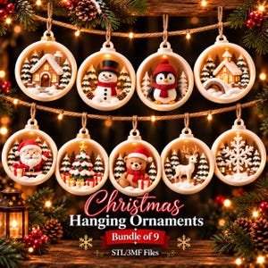 Puede incluir: Un conjunto de nueve adornos navideños circulares colgantes con escenas en 3D que incluyen casa, muñeco de nieve, pingüino, iglesia, Santa Claus, árbol, oso, reno y copo de nieve. El texto dice Christmas Hanging Ornaments Bundle of 9.