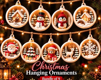 Puede incluir: Un conjunto de nueve adornos navideños circulares colgantes con escenas en 3D que incluyen casa, muñeco de nieve, pingüino, iglesia, Santa Claus, árbol, oso, reno y copo de nieve. El texto dice Christmas Hanging Ornaments Bundle of 9.