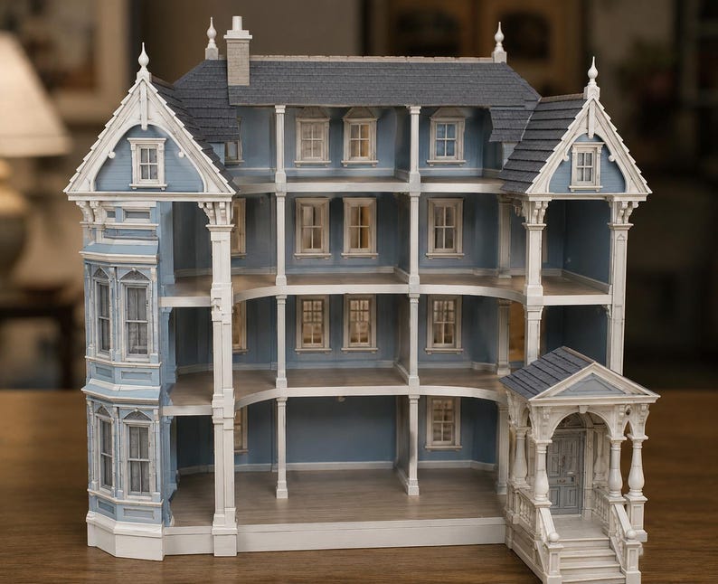 Puede incluir: Una casa de mu&ntilde;ecas de varios pisos con exterior azul, molduras blancas, techo de tejas gris oscuro y varias habitaciones abiertas. La estructura incluye un porche con escaleras, marcos de ventanas detallados y columnas de soporte.